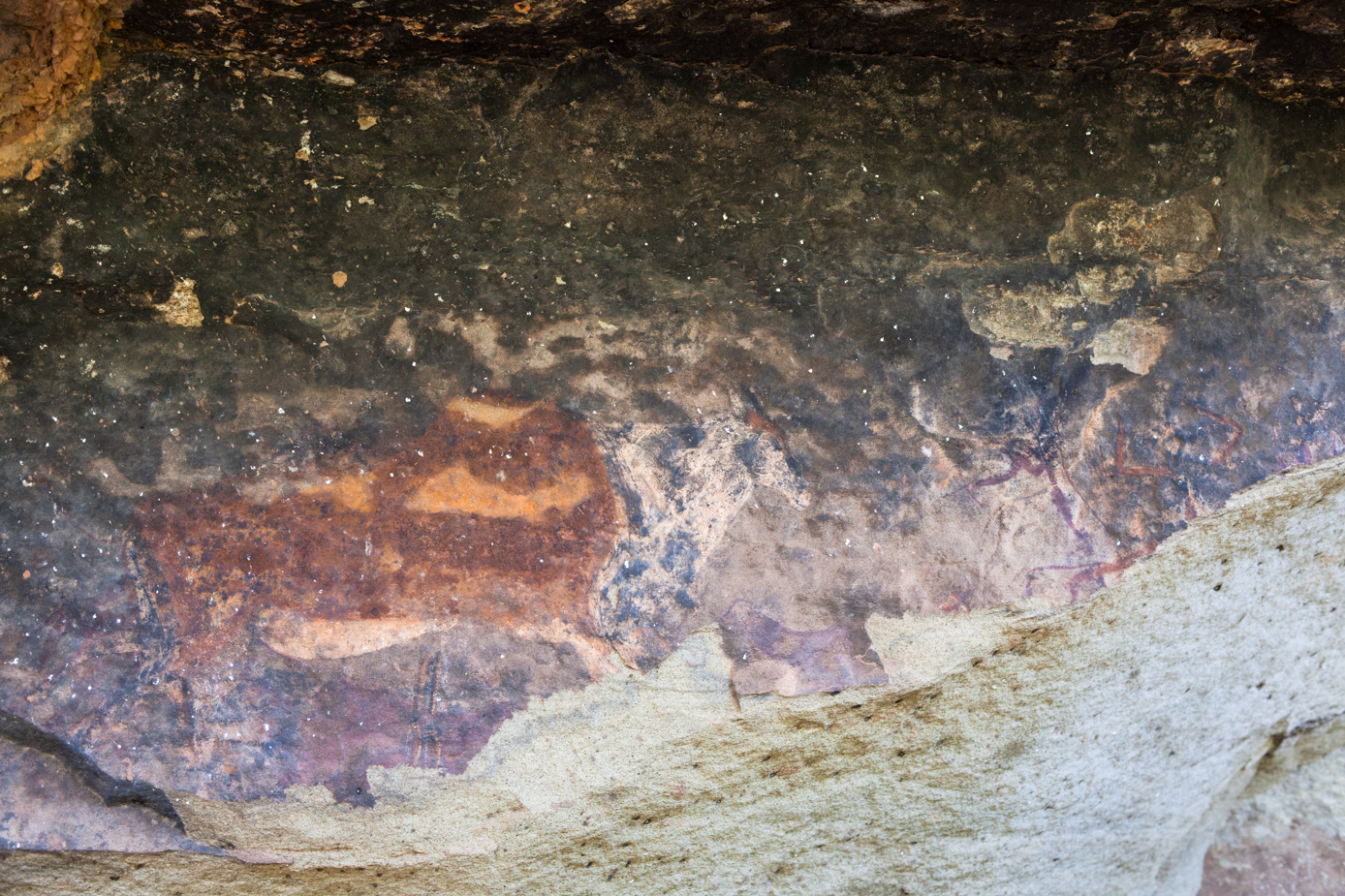 Encounter with an eland: eland on the left and hunting figures at the right. One of the central themes in southern African hunter-gatherer rock art is the meeting of hunters and one of the big meat animals, such as this eland