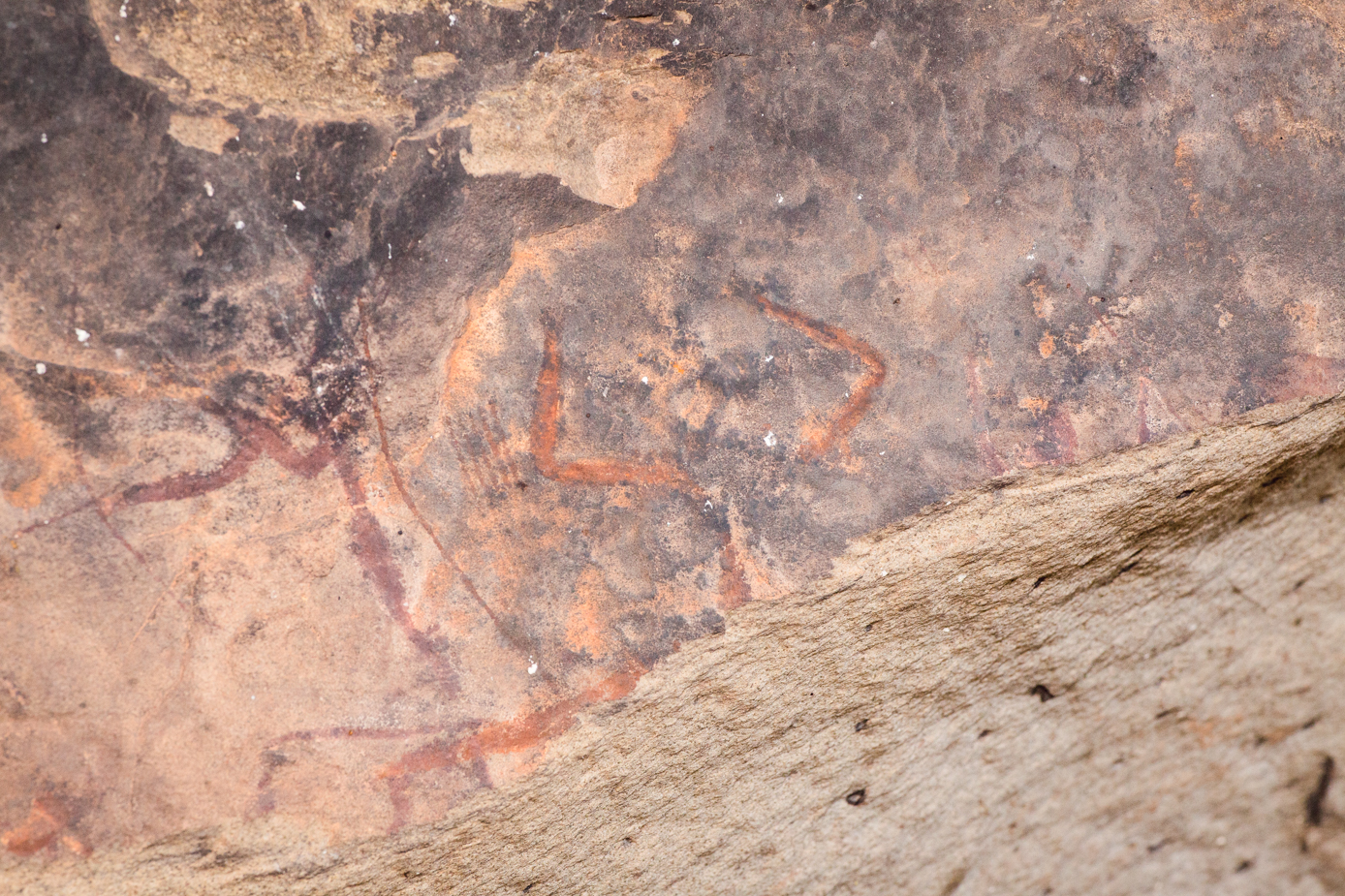 Facing this massive eland are a few human-like figures. A section of the rock on which they are painted has broken off so we cannot see much of them. But we can see a figure in red (the head is obscured) that is holding a strung bow and pointing it at the eland. Next to this is another larger figure in orange with its hands raised high and bent at the elbow. To the left is the figure's bow and arrows.